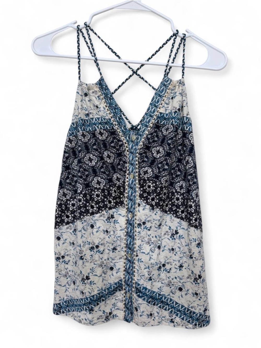 NWT Lucky Brand Boho Floral Patchwork Strappy Tassel Tie Tank Top Medium Cute
